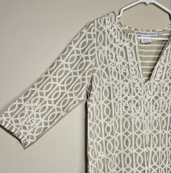 Gretchen Scott 3/4 Sleeve Tunic Top Embroidered Pullover Women's Size XS Tan - Picture 2 of 6